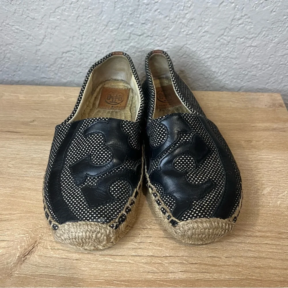 Tory Burch Espadrille Flats Black Leather Women's Size 5M